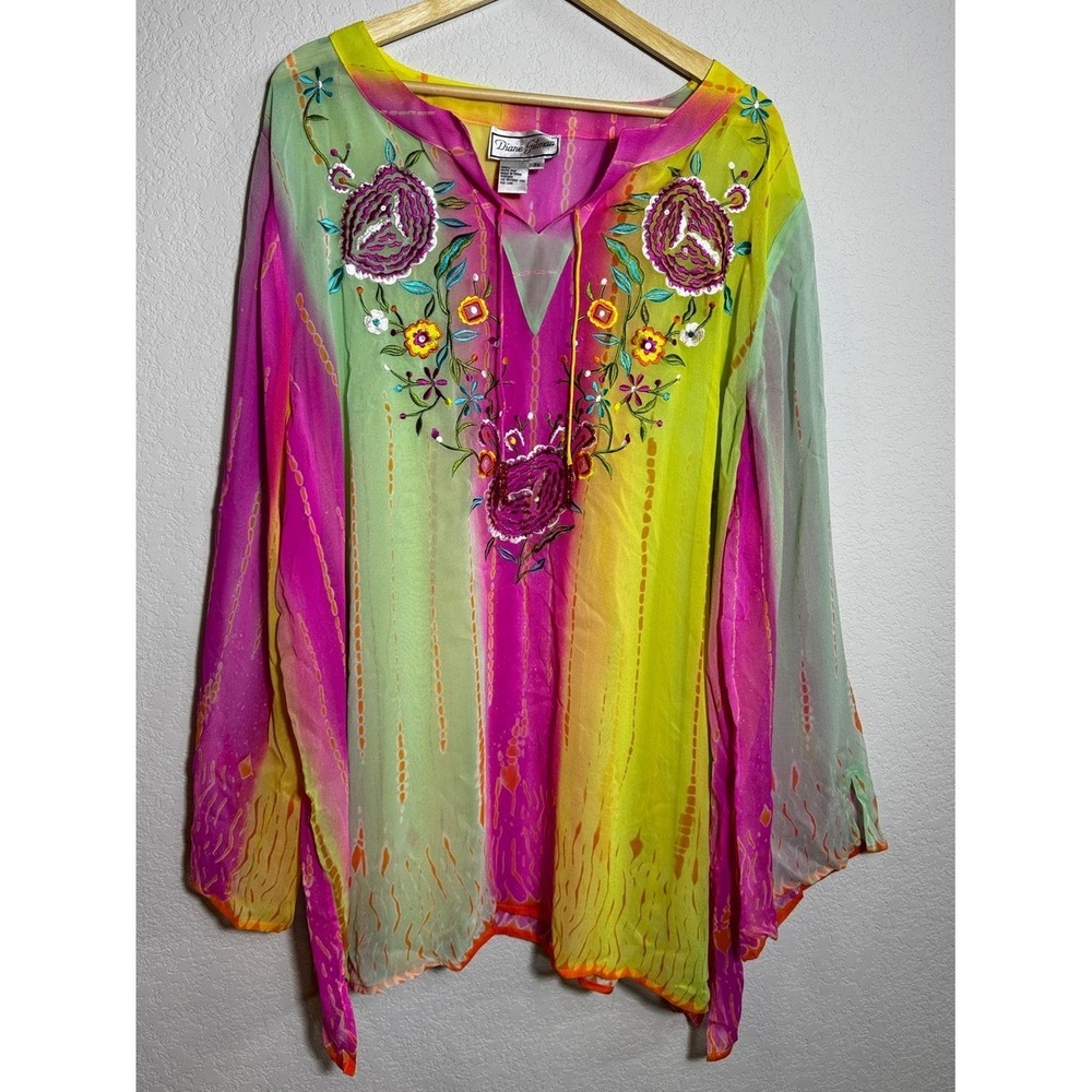 Vintage Diane Gilman Top size 3X neon Embroidered 100% Silk Blouse
